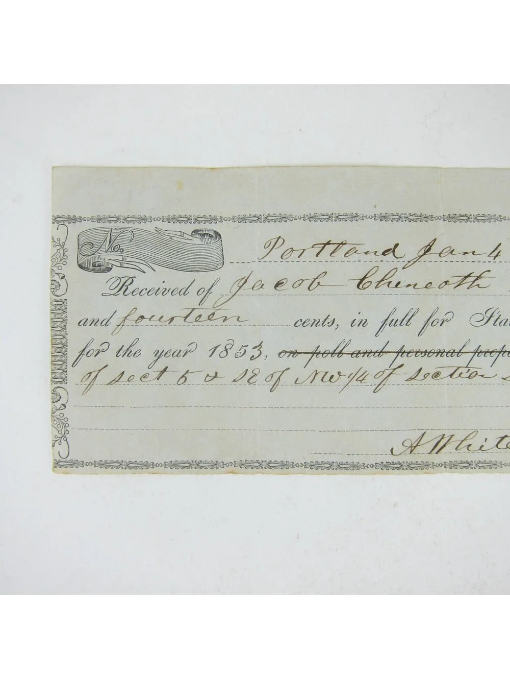 Portland Indiana Jay County Property Tax Bill Treasurer White Antique 1854 RARE